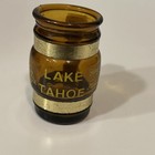 Vtg Lake Tahoe Emerald Bay Small Barrel Mug Amber Glass W wood Handle Souvenir