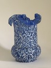 Vintage Dugan Art Glass Frit Pompeian Blue White Spatter Crimped Edge Vase 6   