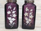 Antique Victorian Amethyst Glass Enamel Shakers Thick Cut Glass Silverplate Lids