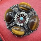 Rare Antique Vintage Sterling Silver Tiger Eye Pearls Turquoise Brooch Israel 2 