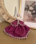 Vintage Porcelain Half Doll Pin Cushion Purple Satin Skirt Lace Trim