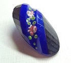 Vintage Oval Blue Glass Button    Hand Painted Posy Flowers   Almost 1-1 16 