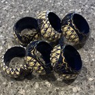 Set Of 6 Wood Black With Cream   Gold Hand Painted Napkin Rings Holders
