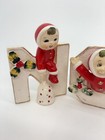 Vintage Ceramic Noel Christmas Figurines Red White Holly 4 Piece Shelf Decor Set