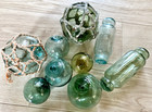 Vintage Japanese Glass Floats Set Of 9 Mixed Kanji Marks Asahi Kawaguchi Rare