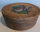 Vintage Woven Wicker Round Sewing Basket With Painted Lid 11 5  Diameter