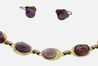 Vintage Natural Purple Amethyst Stone On Gold Tone Back Bracelet And Earring Set