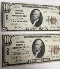 1929  10 National Bank Of Monticello New York Type-2 Semi Consecutive 2 Banknote