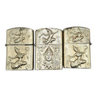 Lot Of 3 Vintage Embossed Refillable Collectible Lighters     Decorative Engraved