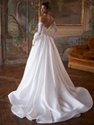 Satin Wedding Dress V Neck Pleat High Split Sweep Train A Line Long Bridal Gown