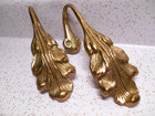 2 Vintage Solid Brass Acanthus Leaf Botanical Curtain Drapes J-hook Tiebacks
