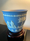 Vintage 1975 Wedgwood England Blue White Jasperware Cache Pot Planter 4-1 2 