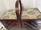 Vtg Cherry Wood Accordion Drawer Sewing Chest Box Legs   Handle Tapestry Top