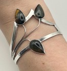 Vintage Taxco Triple Tiger s Eye Cuff  925 Sterling Silver  Teardrop Leaf Design
