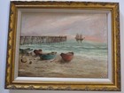 Antique Oil Painting Beach Pier Fisherman Nautical Ship Boat Coastal Landscape
