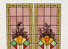 69  Pair Of Vintage French Art Deco Stained Glass Windows W hand Painted Flowers