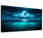 Full Moon Ocean Waves Wall Art Moon Night Canvas Pictures Dark Teal Blue 