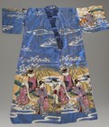 Vtg Juguemm  Kimono Robe Blue Geisha Pagoda Cherry Blossoms Japan 56    Long See