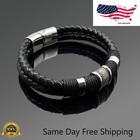 Men s Stainless Steel Plated Leather Bracelet Magnetic Silver Clasp Bangle Black