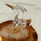 Vintage Hand Blown Glass Unicorn Figurine On Natural Agate Base Gold Accents