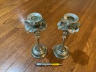 Vintage Tall Pair Silver Tone Ornate Candle Stick Holders Some Crystals Missing