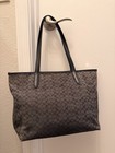 Coach Signature Logo Tote Zip Top Black gray Silver Hardware Inner Pockets