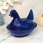 Hen On Nest Chicken  Cobalt Blue Glass Indiana Style Candy Dish  Vintage Style