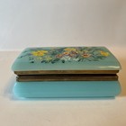 Vintage Aqua Blue   Gold Toned Jewelry Ring Trinket Box Hand Painted W flowers