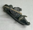 Inuit Eskimo Stone Carving Of  Hunter In Canoe With  A Spear Signed