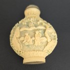 Chinese Carved Snuff Bottle W  Relief Figures   Landscape Scene  Blue Stopper