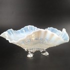 Antique 1900 s Northwood Beaded Drapes Blue 8 Inch 4 Toe Footed Bowl Fruit Bowl