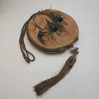Vtg Victorian Sewing Pocket Purse Peacock Feather Straw Silk Etui Pin Cushion