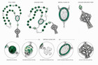 Ornate Silver Tone St Patrick Medal Center Green Bead Irish Shamrock Rosary 8mm