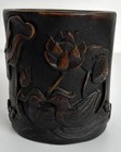 Old Chinese Carved Wood Bamboo Brush Pot Mandarin Ducks Lotus