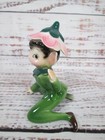 Vintage 50s Pink Flower Hat Ceramic Pixie Elf Figurine Green Christmas Wave Mcm