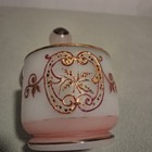 Vintage Milk Glass Lidded Vanity Jar Pink   Gold Hand Painted Dresser Powder Jar
