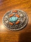 Sterling Silver Native American Belt Buckle With Turquoise And Coral  Vintage