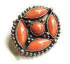 Antique Oval Gemstone Sewing Button   Coral In Metal Setting   7 8  X 11 16 