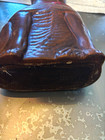 Pottery Pug Dog Figurine  Wooden Carved Dog With Red Bow Ribbon And Yellow Eyes
