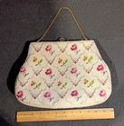 Embroidered Needlepoint Purse Floral Gold Chain Satin Lined Vintage