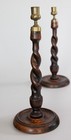 Pair Of Tall Antique English Barley Twist Oak Candlesticks Candle Holders 14 5 h