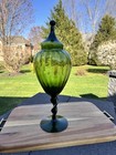 Vintage 18    Empoli Italy Green Pedestal Glass Apothecary Jar Twist Stem Lid