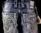  220 Mens Rock Revival Jeans  chamois  Leather Inserts Faux Slim Boot 33 X 30