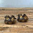 Pair Antique Meiji Period 1800s Screen Holder Mandarin Duck Bronze