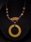 Tibetan Buddhism Yellow Old Agate Dzi Pingan Ring Pendant Amulet Necklace J0509