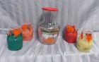 Orange Juice Carafe Pitcher   Four Juice Glasses With Lids 1970s Anchor Hocking
