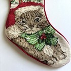 Vintage Needlepoint Christmas Stocking Cat Puppy Kitty Velvet Backed Red Bow