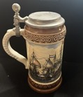German Marzi   Remy Lidded Beer Stein Dutch Navy Battle Scene Vintage 1960s Nwob