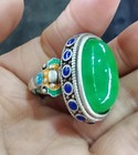 A Jade Ice Green Oval Ring Face With Old Tibetan Silver Cloisonne Inlaid  Ring