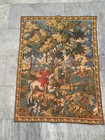 Vintage French Tapestry Wall Hanging 3x3 Ft Pictorial Hunting Scene Woven Wall